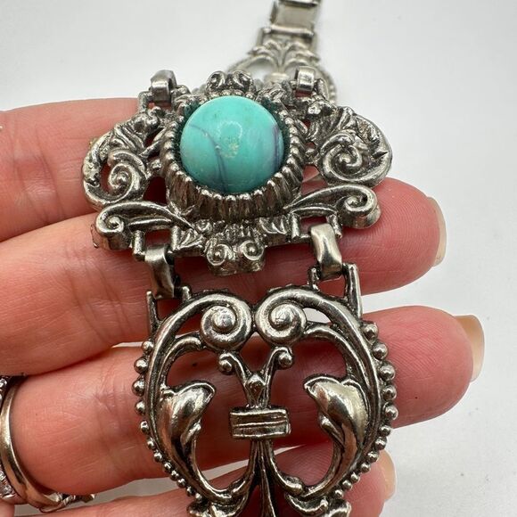 Vintage 7" Lucite Cabochon mid-century bracelet in silver tone metal! - Picture 3 of 13